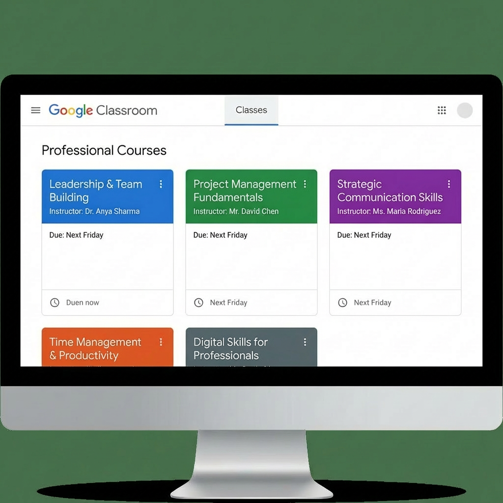 Google Classroom dashboard showing business courses: Marketing, Accounting, Entrepreneurship & Innovation, Classive and Manuagement, and Entrepreneurship & Education.
